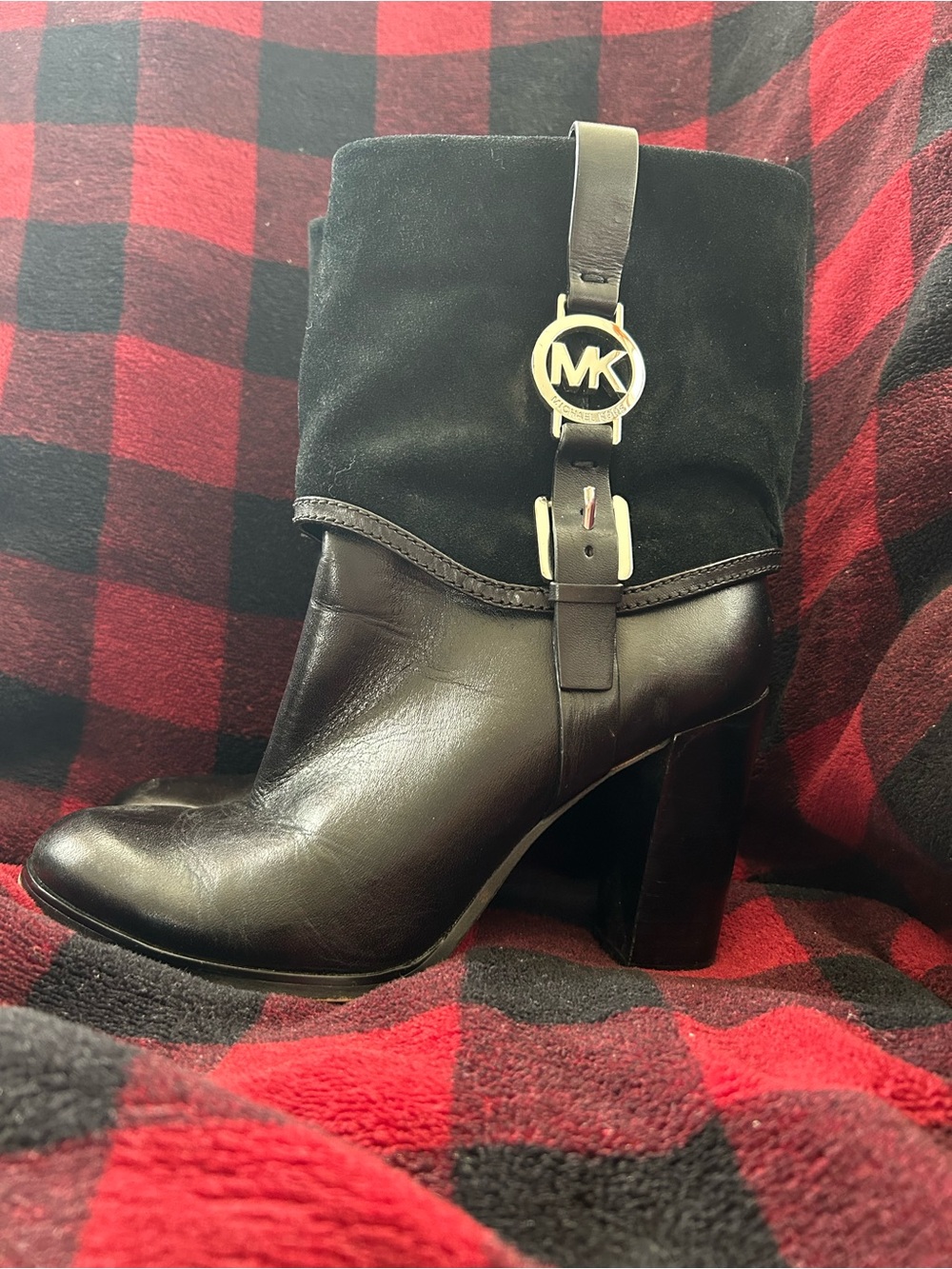 Michael Kors Black Leather & Suede MK Strap Block Heel Boot